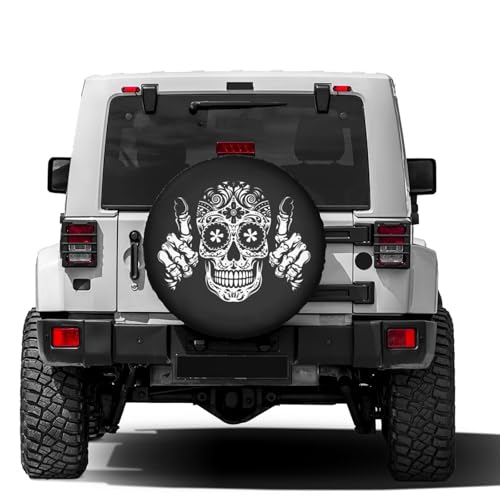 Image of Black White Skull Spare Tire Cover Dust-Proof Wheel Tire Cover Fit Trailer, RV, SUV and Many Vehicle 14 Inch