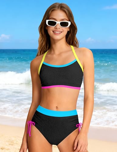 Image of Teen Girls Swimsuits V-Neck Bikini Set Bathing Suits Cross Straps Two Piece Swimwear with Drawstring