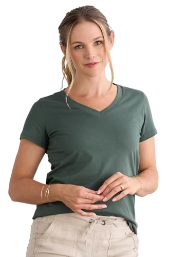 Fair Indigo Women's 100% Organic Pima Cotton Short Sleeve Relaxed V-Neck T-Shirt (M, Balsam)