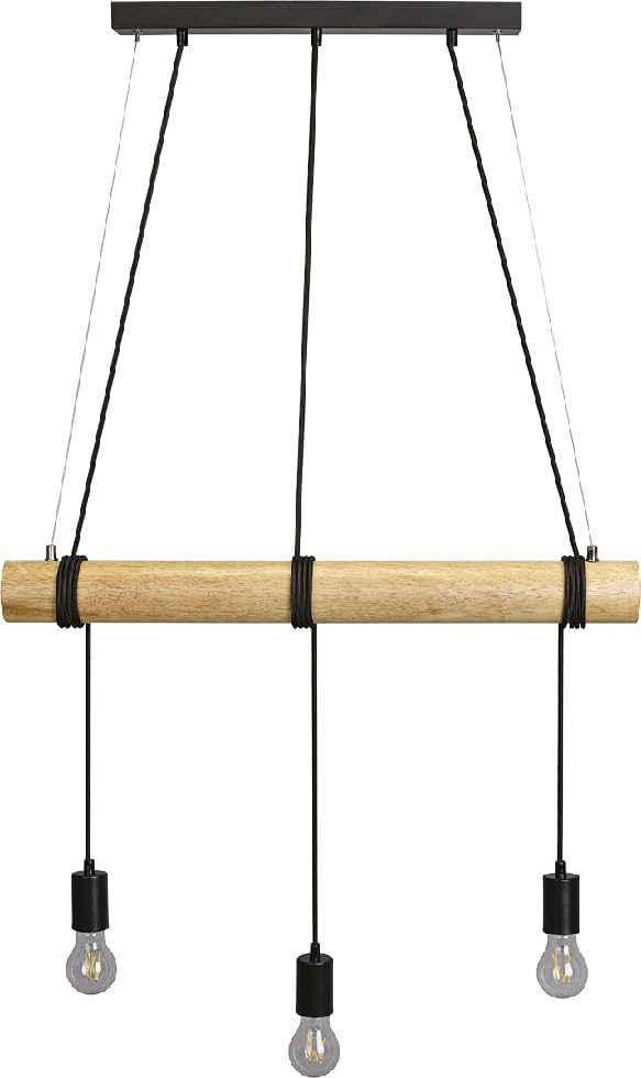 MeLiTec Holz Pendelleuchte DP25 3-flammig mit LED-Leuchtmittel Höhenverstellbar Schwarz E27 70 cm