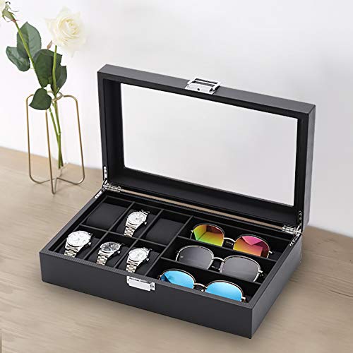 MQ Watch Box Eyeglass Sunglass Organizer with Glass Top for Men / Women, Carbon Fiber Watch Holder Jewelry Case Box, 6 Slot for Watch Display & 3 Compartment for Eyeglass Collection (Black)