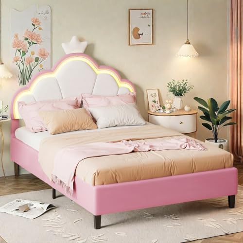 Yeutre Lit Double Enfant 140x200, Lit Princesse Fille 2 Personne avec Tête de Lits LED Réglable en Hauteur en Forme de Couronne, Sommier à Lattes, Lits...