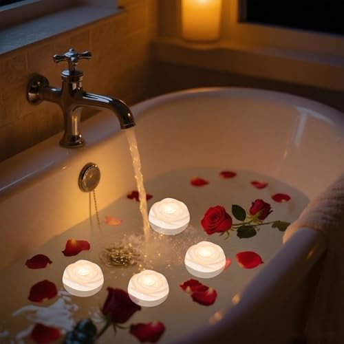 Image of Aignis 6pcs Flameless LED Floating Candles, White Rose Plastic Tealights Battery Operated, 120+ Hours Glow Time, Cozy Light for Romantic Pool /Bathtub /Hot Bath /Wedding Centerpiece Decor(D2.83*H1.42)