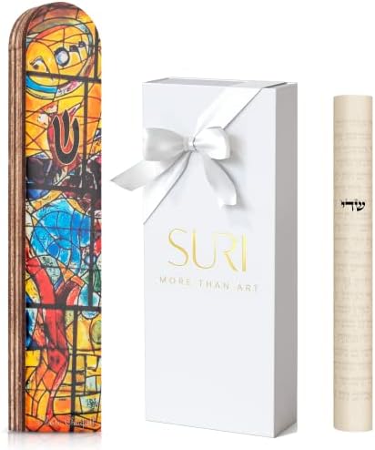 SURI Olive Wood Painted Mezuzah Case, Yellow Self Stick Mezuzah with Scroll for Door with a Gift Box, Jewish Mezuza Cover for Indoor and Outdoor (Yellow)