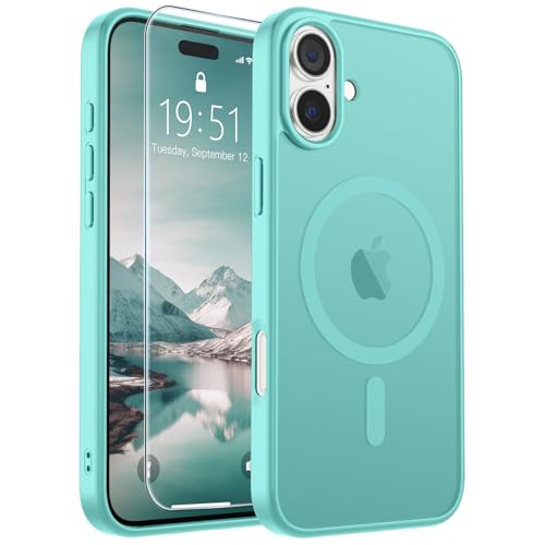 Image of SUPFINE Magnetic for iPhone 16 Plus Case with Screen Protector (Compatible with MagSafe) (Military Grade Drop Protection) Translucent Matte Shockproof with Anti-Fingerprint Phone Case, Blue Green