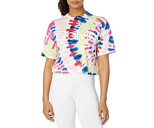 Calvin Klein Women's Tie Dye Short Sleeve Crop Mock Neck Tee, Carnaby Multi Combo, Large