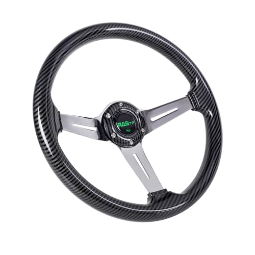 350mm 14" Deep Dish Acrylic Carbon Pattern Steering Wheel,Universal 6 Bolts EZGO Golf Cart Steering Wheel Slotted 3 Spoke with Horn button