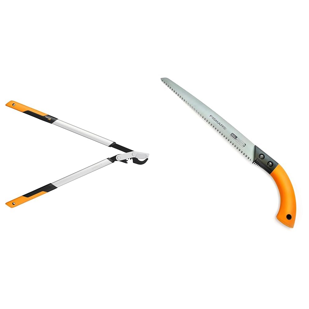 Fiskars PowerGear X Bypass-Getriebeastschere für frisches Holz, Länge: 80 cm, Schwarz/Orange, LX98-L & Handsäge für frisches Holz, Mit feststehendem Blatt, Sägeblattlänge: 33 cm, Schwarz/Orange, SW84