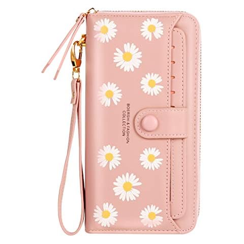 Ecohaso Ladies Purse, Large Women Wallets Cute Daisy Pattern, 13 Card Slots Holder with Strap, RFID Blocking Zipper Wallet Purse for Girls & Ladies (Pink) Cover