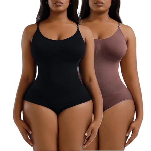2 Piece Shapewear Bodysuits For Women Tummy Control Seamless Waist Body Suits Shaper (Black+Brown)
