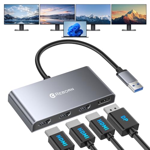 Image of Reborn USB 3.0 to Quad HDMI with DisplayPort Adapter, 1080p@60Hz USB Type-A to 4 Monitor Converter, External Video Graphics Card, HDMI Splitter Extended Display for Mac /Windows for Laptop, Desktops
