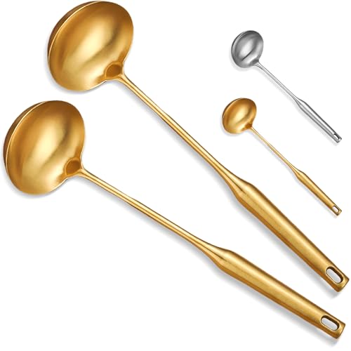 Bigwinyep Soup Ladle, 2Pcs Stainless Steel Ladle spoon, 14 Inch Serving Spoon Heavy Duty kitchen Utensils for Cooking Buffet, Party, Kitchen, Gold