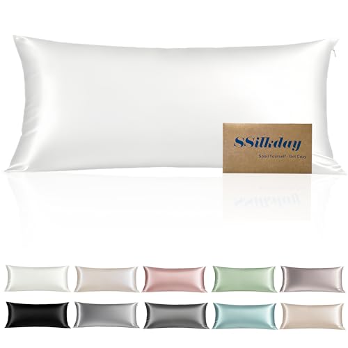 Mulberry Silk Body Pillow Pillowcase with Zipper, Ultra Smooth Soft Breathable Cooling Pillow Cases for Hot Sleepers, Silk Satin Body Pillow Cover for Hair and Skin (Cream White, 20×54 Inches, 1 Pack)