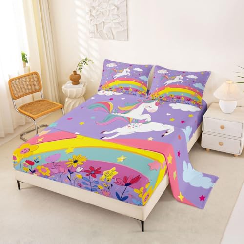 Homemissing Juego de sábanas de unicornio morado, tamaño individual, para niños y niñas, juego de ropa de cama de princesas arcoíris, juego de sábanas con flores y flores con bolsillos de 16 pulgadas