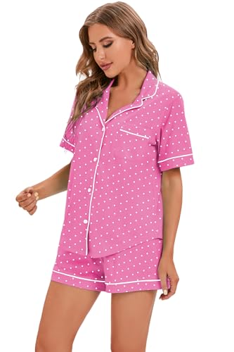 Image of LUBOT 100% Cotton Pajamas for Women 2 Piece PJ Set Button-Down Soft Knit Short Sleeve Summer Sleepwear Loungewear XS-XXL