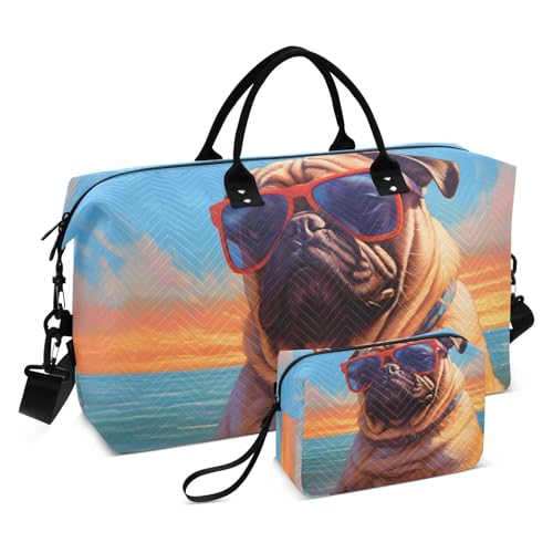 Pug Beach Duffel Bag Set with Toiletry Bag for Travel Gym Sport, Luggage Sleeve Weekender Bags Carry on Overnight Bag