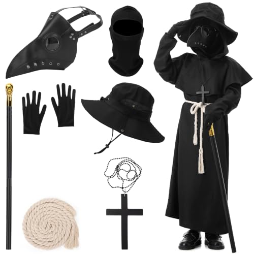 IEEILULU Plague Doctor Costume for Children Plague Doctor Costume for Boys Medieval Plague Doctor Set with Plague Doctor Mask Scepter Hat Halloween Cosplay Costume for Carnival (140 cm)