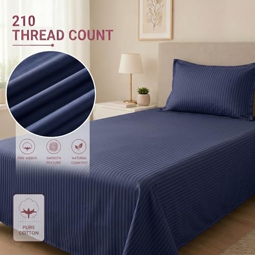 Image of Mafatlal Classic 210 TC 100% Cotton Single Bedsheet | 90 x 60 Inches Cotton | Italian Stripes Pattern | Smooth Feel & Easy Care | Navy Blue