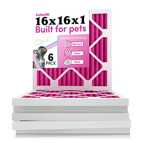 Image of 16x16x1 Air Filter by Colorfil | Color Changing Filters for Cat and Dog Odor | MERV 8 Furnace AC Filter for Pet Hair and Dust | 15.75 inchx15.75 inchx0.75 inch Exact Size | Pack of 6