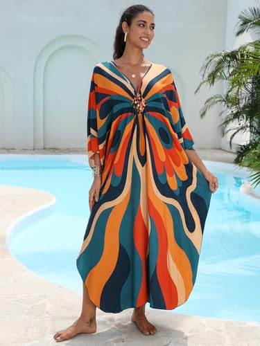 Image of IMAGEKOPE Women's Plus Size Animal Print V-Neck Batwing Kaftan Beach Dress Bathing Suit Cover-Up Loungewear