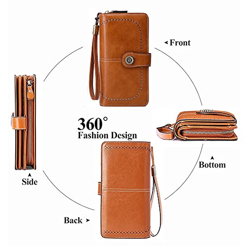 Image of Women Leather Wallet Crossbody Shoulder Bag with Double Zipper and Mobile Phone Purse with Shoulder Strap