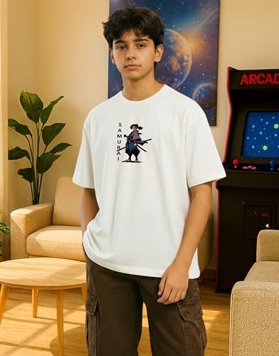 Image of Samurai Warrior Oversized T-Shirt for Kids 4-17 Years | Anime Samurai Front & Back Print | Boys & Girls Cotton Casual Tee