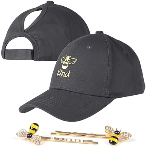 Bee Kind Messy Bun High Ponytail Hat w/ 2 Honey Bee Hair Pins - Hive Bumble Bee Accessories - Crazy hat for Adults - Silly Hat - Crazy Hair Day - Bee Themed Gifts for Women Black Cover