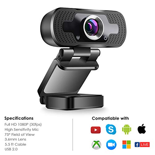 zilnk 1080P USB Webcam con Microfono, Videocamera USB HD da 2 MP per Videochiamate, Conferenze, Apprendimento Online, Skype, Compatibile con PC Laptop Desktop MacBook/Windows Android iOS, Grandangolo