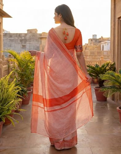 Image of SIRIL Women's Cotton Linen Printed, Zari Border One Minute Ready To Wear Saree With Unstitched Blouse Piece