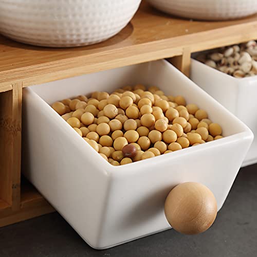 Yesland 6 Pcs Porcelain Condiment Jar Spice Container With Lid - 5.8 Oz Sugar Bowl Set With Spoons And Tiered Bamboo Display Rack - Pottery Cruet Pot For Sugar Serving Salt Coffee Tea, Label Included #TOP5