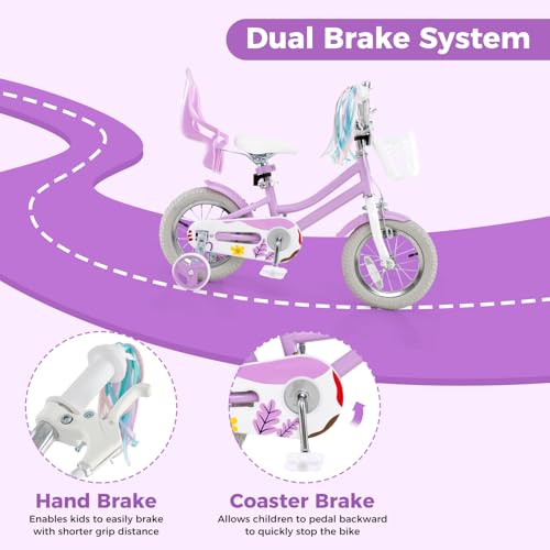 Image of BABY JOY Girls Bike with Streamers & Doll-Seat, Kids Bike for 3-8 Years Old | 12 14 16 18 20 Inch Children Bicycle w /Detachable Training Wheels or Kickstand, Storage Basket, Adjustable Seat and Handlebar