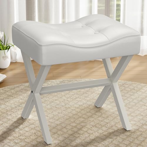 Image of Memobarco 18-Inch Large Leather Vanity Stool, Vanity Chair with Metal X-Leg, Ottoman Accent Stool with Thick Padded Saddle Seat, White