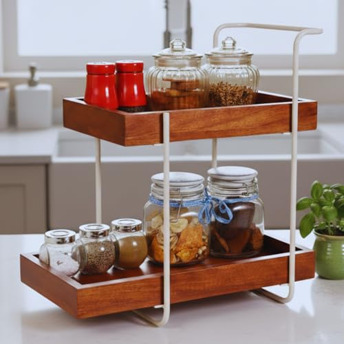 Image of Woodnest Wooden kitchen Organizer Shelf with 2 Spacious Compartments, Easy Kitchen Grocery Organiser, Organizer, Kitchen Spice Racks and Storage, Ivory & Brown,1Pc - (44L x 23W x 41H cm)