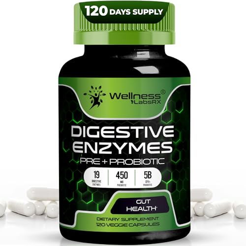 Digestive Enzymes with Probiotics and Prebiotics, 450mg, 5 Billion CFUs – Pure Super Digestion Capsules – Digestive Enzymes for Women & Men Support Digestion & Gut Health – 120 Count
