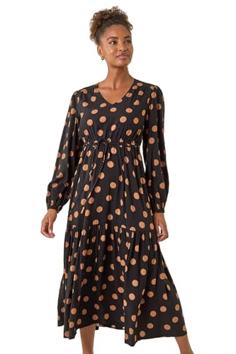 Image of Roman Originals Polka Dot Midi Dress for Women UK - Ladies Everyday Autumn Winter V-Neckline Comfy Soft Evening Vacation Work Party Night Out - Black - Size 18