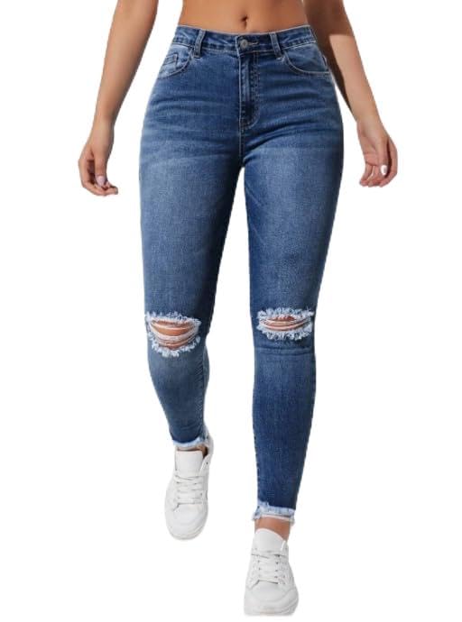 Distressed Slim Skinny Jeans with Raw Cut Edges for Women and Comfortable Wear