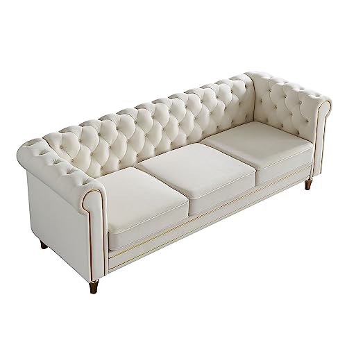 Image of KEIKI 85 inch Chesterfield Velvet Tufted Button Sofa with Deep Seat Cushions and Rolled Arms, Modern Style 3-Seater Couch Decorated with Gold Strip, Easy Assembly, for Living Room, Bedroom, Office, Beige