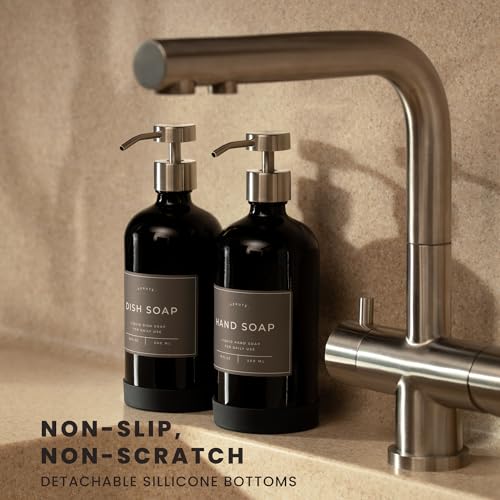Image of Hand and Dish Soap Dispenser for Kitchen and Bathroom, Set of 2 16 Oz Glass Bottles, Stainless Steel Pumps, Non-Slip Silicone Base, 27 Waterproof Labels (Gloss Black Bottle /Brushed Silver Pump)