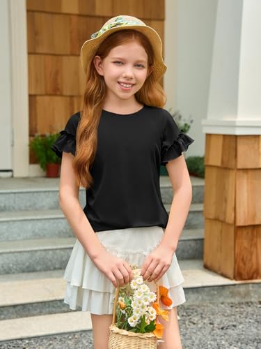 Image of Haloumoning Girls Ruffle Short Sleeve T Shirts Kids Summer Crewneck Tops Cute Tees Blouse 5-14 Years