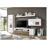 Moderne Wohnmöbel Serie in weiß mit Absetzungen in Eiche Craft dunkel; Kunststoff Griffe alufarbig; Beschläge & Scharniere aus Metall