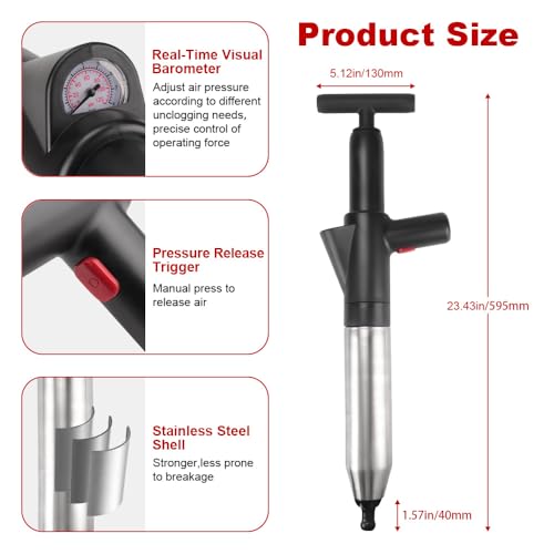 Image of High Pressure Toilet Plunger, 60CM Long Handle Air Drain Blaster with Barometer, 0.4Mpa Powerful Unclogger for Toilet Sink Shower Floor Drain, Splash-Proof Heavy Duty Plumbing Tool (Black)