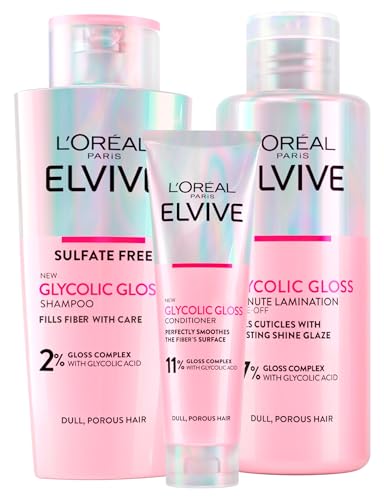 L'Oréal Paris Elvive Acondicionador Glycolic Gloss 150ml + Champú 200ml + Tratamiento de Laminación 5 Minutos 200ml Set para Cabello Opaco y Poroso Brillo Intenso y Duradero - 3 Botellas