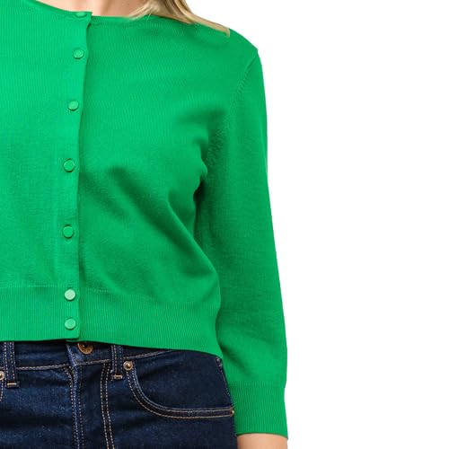 Image of Women's Cropped Cardigan 3 /4 Sleeve Crewneck Button Up Sweater Knit Top (S~XL)