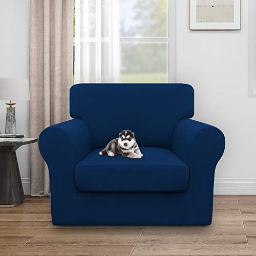 Image of Easy-Going Waterproof 2 Pieces Chair Cover Couch Covers for Sofa | Stretch Spandex Sofa Cover Protector Elastic Bottom for Cushion Couch Dog Pet Friendly Living Room Navy