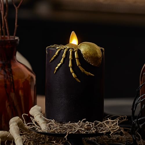 Image of Luminara Spider Flameless LED Candle, Black & Gold 3 inch x 4.5 inch, Moving Flame Pillar, Battery Operated Timer Real Wax Halloween Gothic Home Decor