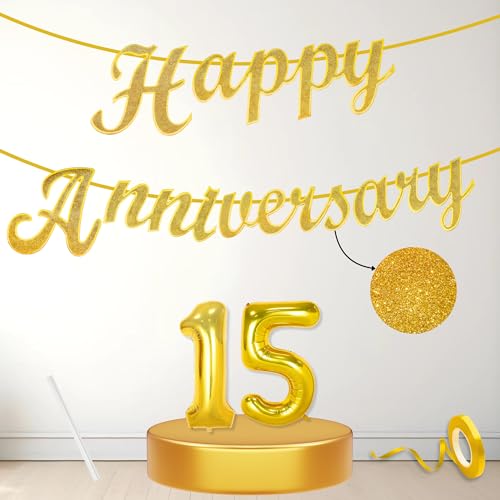 Image of Flyloons 15th Happy Anniversary Banner Gold Decorations Kit for Men Women Wedding Anniversary Banner Items without Balloons