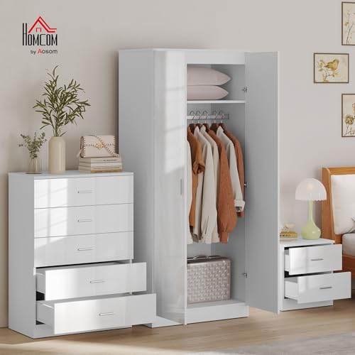 HOMCOM High Gloss 3 Piece Trio Bedroom Furniture Set Wardrobe + Chest Of Drawer + Bedside White - Image 3