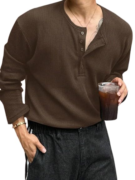 Image of Trillion Men's Textured Fabric Solid Color Basic Half-Open Collar T-Shirt, Fall Long Sleeve Men Shirt | Tshirt for Men