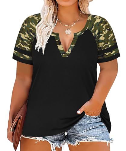Image of CARCOS Plus Size Tops for Women Short Sleeve Summer Pullover Color Block Crewneck /V Neck Tee Tunic Loose Fit Tshirts XL-5XL