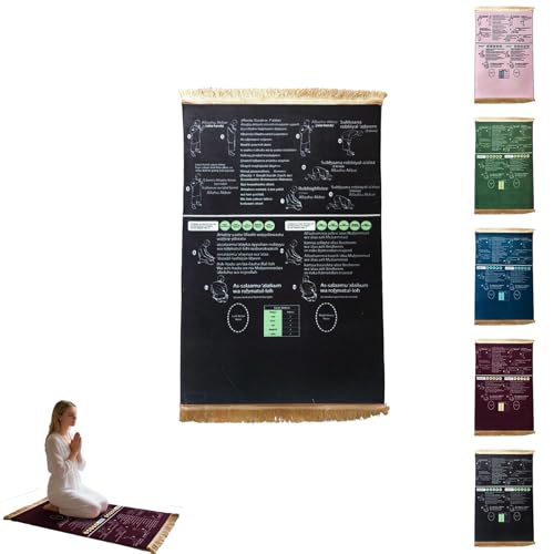 Generisch Zweisprachiger Gebetsteppich für Muslime Islamischer Lernteppich mit Schritt-für-Schritt Salah-Anleitung Weiche rutschfeste Gebetsmatte für Erwachsene und Kinder (Schwarz 50 x 90 cm)
